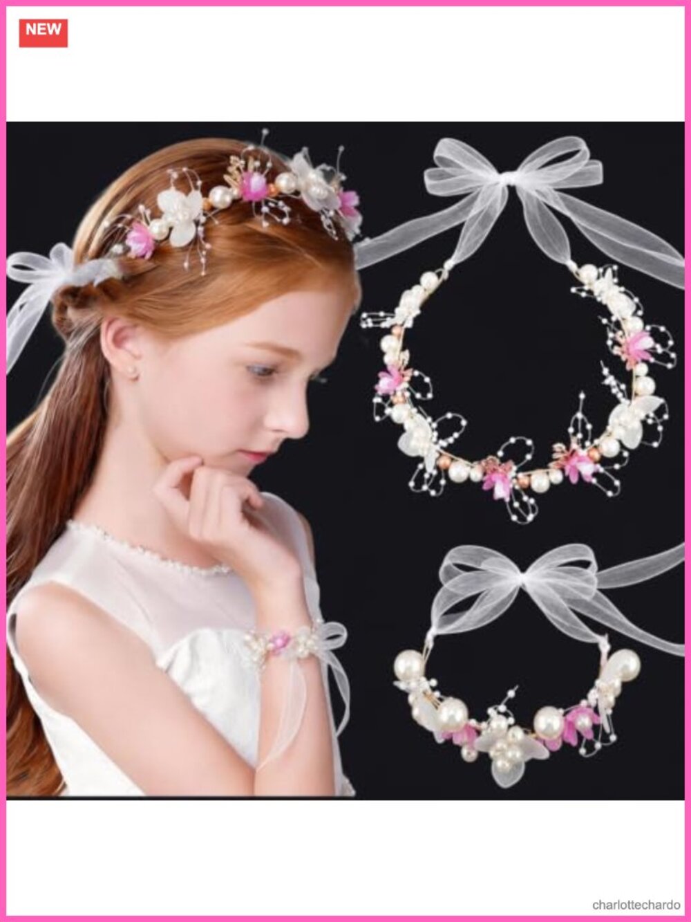 2 Pc Flower Girl Headpiece Bracelet Set Pearl Rhinestone Headband